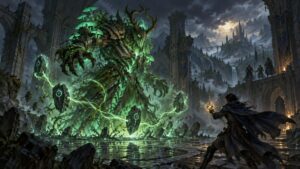 A towering moss-covered tree creature glows with green magic in flooded ruins, facing a cloaked mage as rune-marked stones float nearby; a distant castle rises beneath stormy mountains.