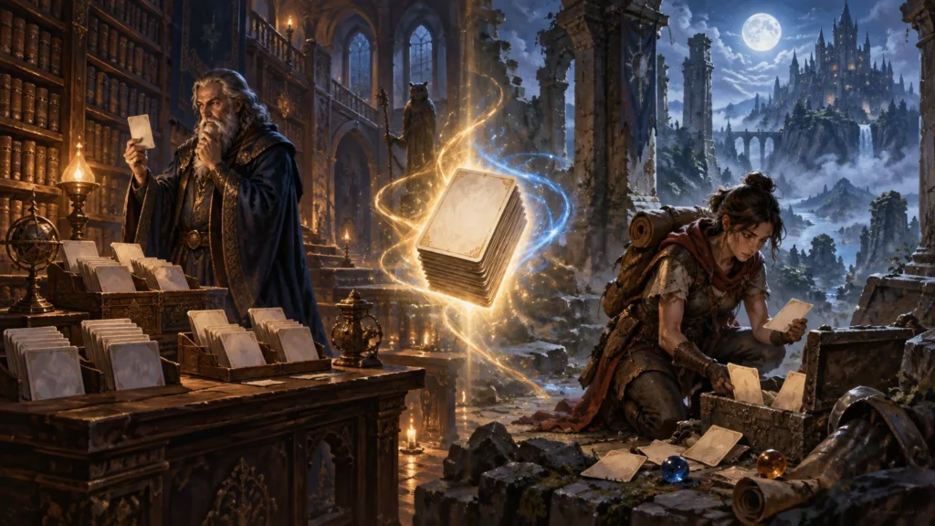 Painterly fantasy scene of a robed wizard selecting blank cards in a candlelit library, a glowing floating deck between him and a traveler sorting cards beside ruined arches, with a moonlit castle beyond.