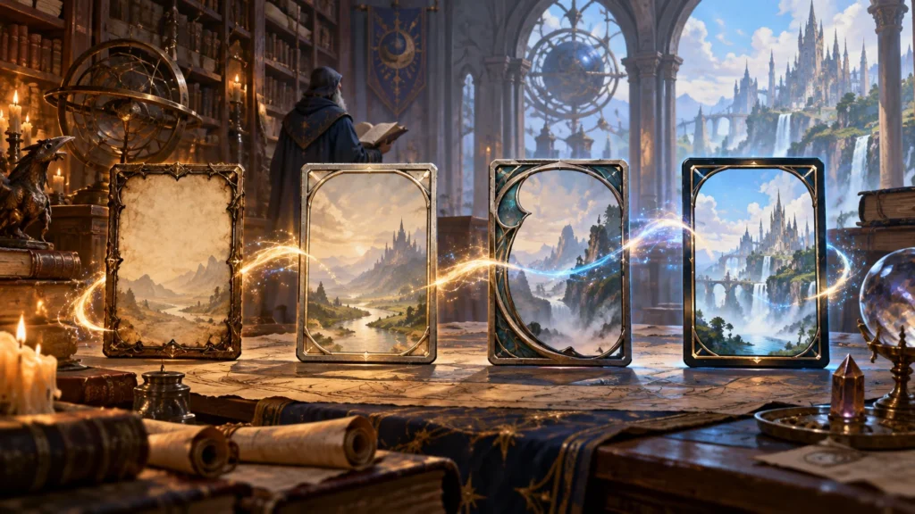 Fantasy study hall with candles, books, a robed reader, and four ornate blank card-like frames displaying evolving castle landscapes amid swirling gold and blue magic.