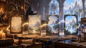 Fantasy study hall with candles, books, a robed reader, and four ornate blank card-like frames displaying evolving castle landscapes amid swirling gold and blue magic.
