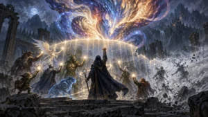 Painterly fantasy scene of a hooded mage and a diverse group of creatures raising glowing lights beneath a vast spectral dragon formed from blue, violet, and gold energy, amid ruined arches and dark mountains.
