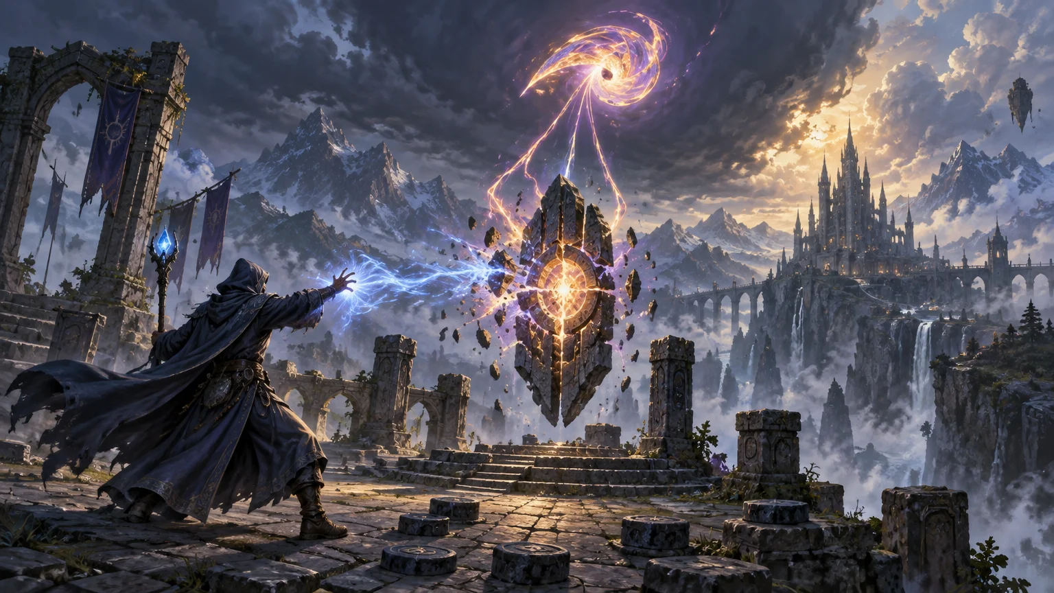Wide fantasy scene of a hooded mage firing blue lightning at a levitating fractured stone monolith with a glowing circular core, beneath a swirling golden magical vortex; ruined arches, mountains, waterfalls, and a distant spired castle fill the background.