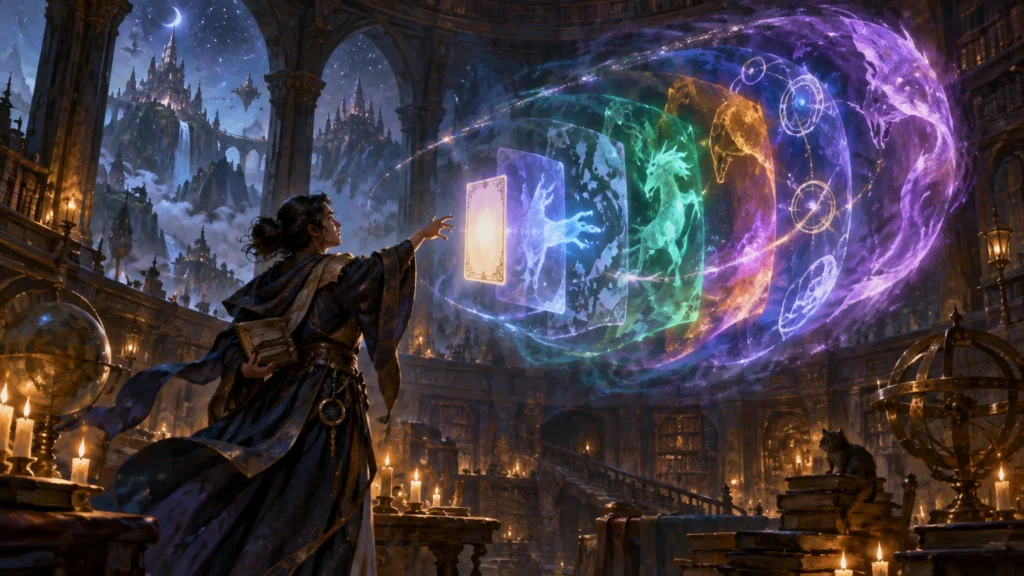 Painterly fantasy scene of a robed mage in a candlelit library reaching toward a glowing sequence of translucent, card-shaped magical layers, surrounded by colorful spectral creatures and orbiting glyphs.