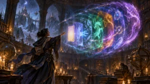 Painterly fantasy scene of a robed mage in a candlelit library reaching toward a glowing sequence of translucent, card-shaped magical layers, surrounded by colorful spectral creatures and orbiting glyphs.