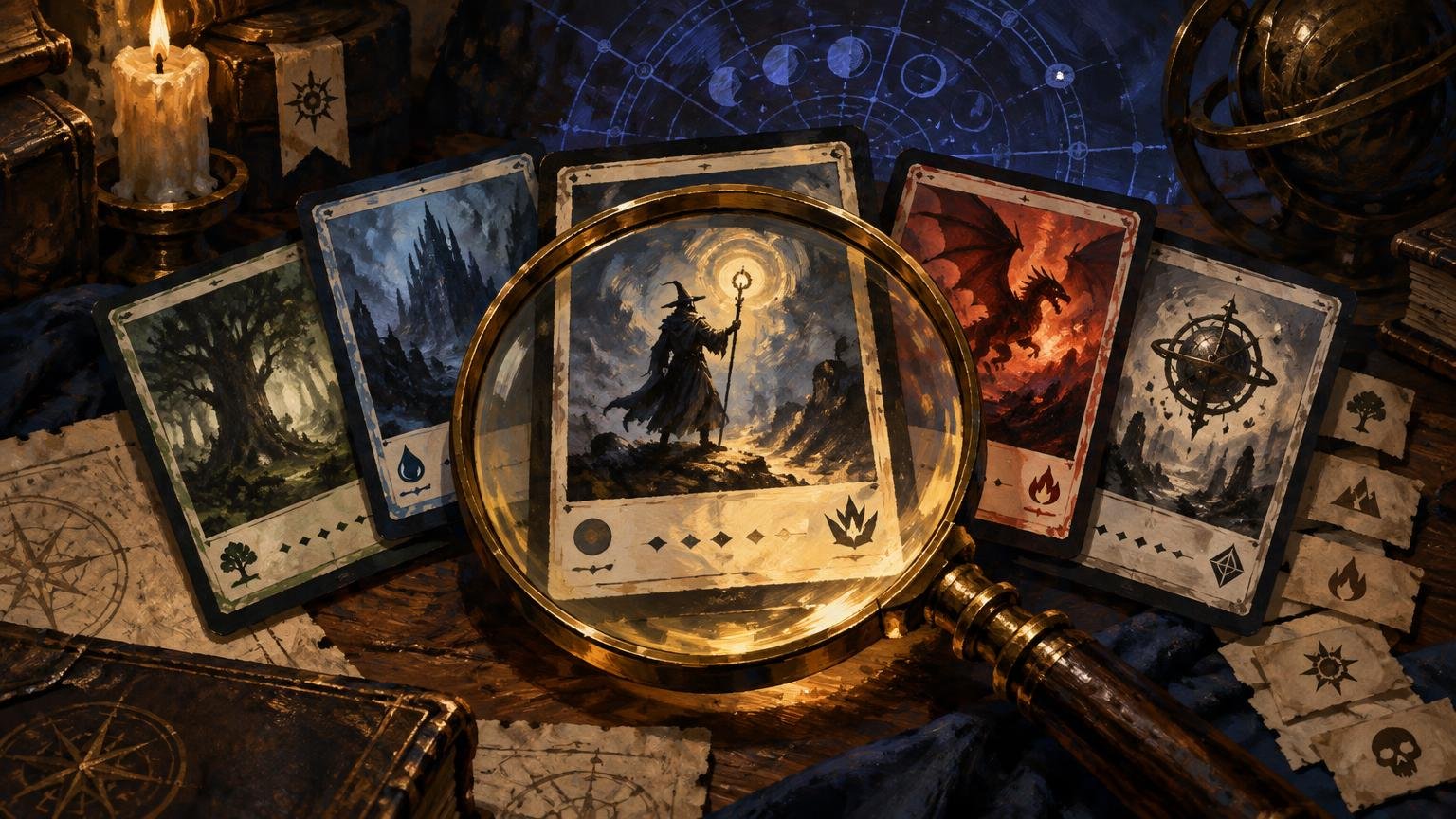 Painterly fantasy still life of illustrated trading-card-like panels beneath a magnifying glass, with a candle, books, celestial diagrams, and scattered symbol-marked papers in a dark study.