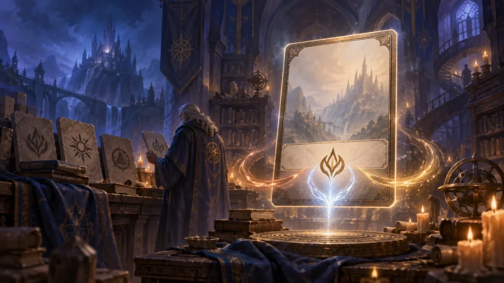 Painterly fantasy library scene with a robed scholar studying symbol-marked cards beside a glowing oversized card, candles, books, celestial instruments, and a distant castle beyond arched windows.