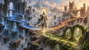 Painterly fantasy scene of an armored, haloed figure standing at a glowing crossroads on suspended stone ruins, where blue, red-orange, and green magical paths lead toward a vast library, sunlit towers, and an overgrown archway. Blank card-like rectangles float around the figure.