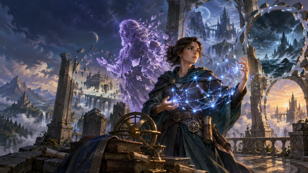 Painterly fantasy scene of a dark-haired woman in a blue-green cloak shaping a glowing web of star-like magic, with a large violet spectral older man dissolving into shards behind her. Ruined arches, floating castles, mountains, scrolls, books, and an armillary sphere surround them under a dramatic sky.