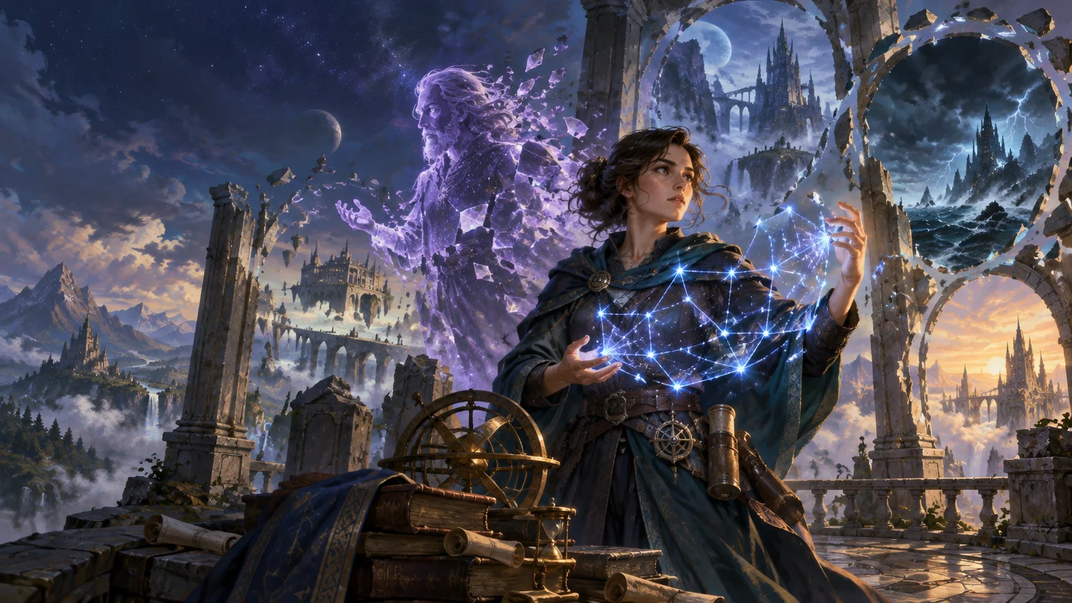 Painterly fantasy scene of a dark-haired woman in a blue-green cloak shaping a glowing web of star-like magic, with a large violet spectral older man dissolving into shards behind her. Ruined arches, floating castles, mountains, scrolls, books, and an armillary sphere surround them under a dramatic sky.