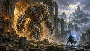 Wide fantasy scene of a towering moss-, leaf-, and stone-covered humanoid creature emerging from a ruined library archway, facing a small cloaked mage holding a glowing blue spell amid waterfalls, mountains, and a distant spired castle.