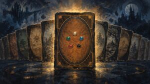 Painterly fantasy scene of a large, weathered card back with five colored circular symbols, standing before a fan of similar cards against a dark castle skyline.