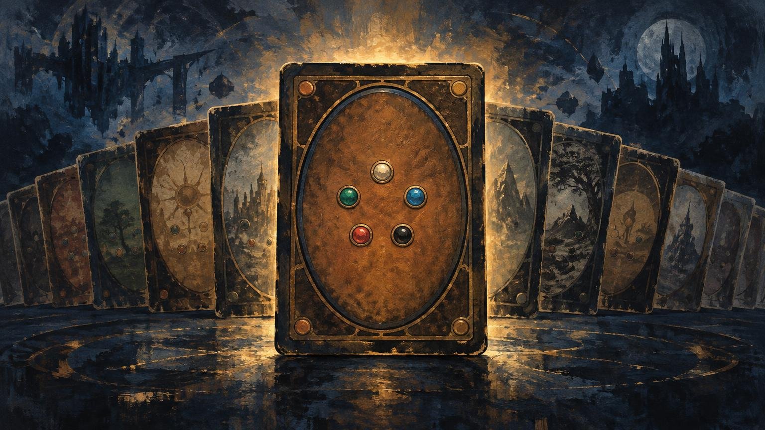Painterly fantasy scene of a large, weathered card back with five colored circular symbols, standing before a fan of similar cards against a dark castle skyline.