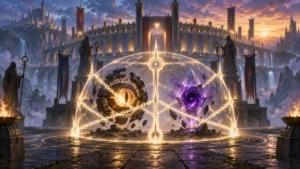 Wide fantasy scene of a stone arena at sunset, with distant castles and waterfalls behind a glowing dome that chains together a fiery eye-shaped orb and a floating purple crystal.