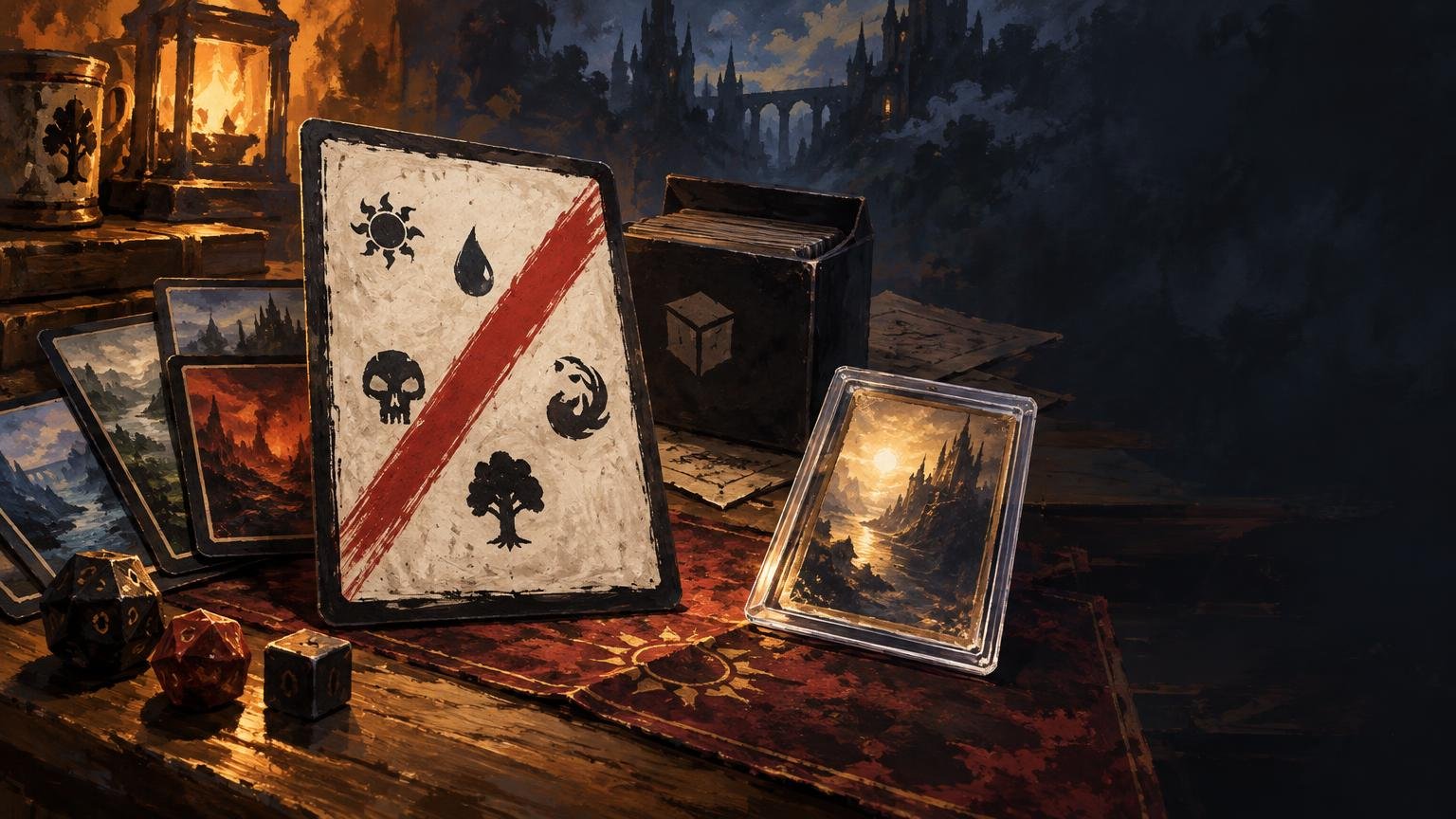 Painterly fantasy tabletop scene with dice, a deck box, landscape cards, and a large marked card showing black elemental-style symbols crossed by a red diagonal stripe.