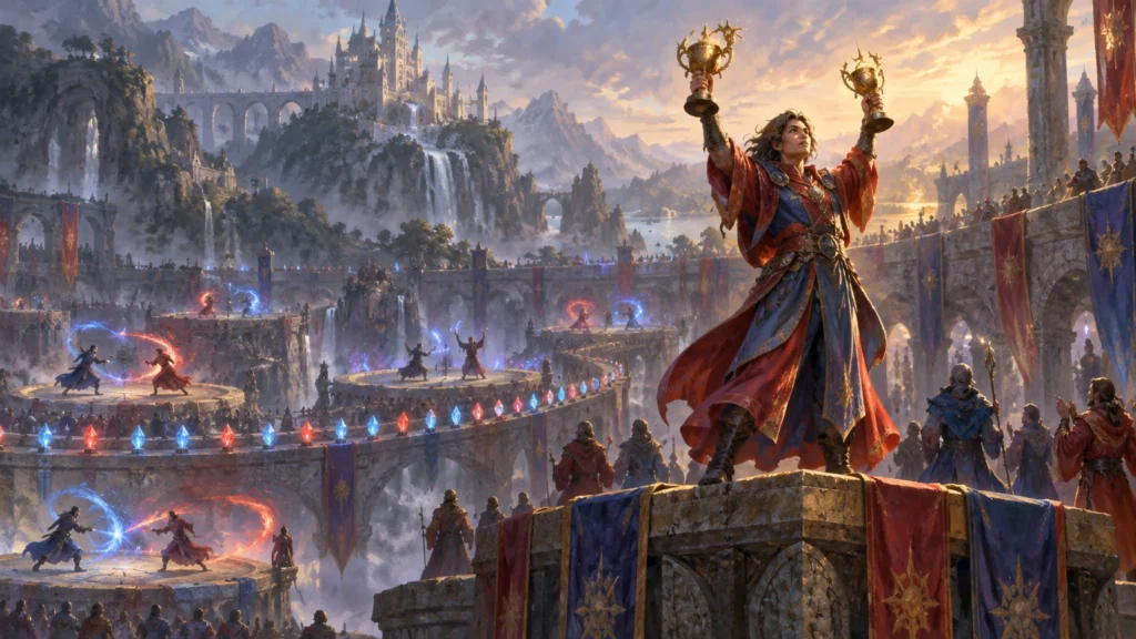 Wide fantasy scene of a robed champion raising two golden trophies above a crowded stone arena, with red-and-blue magical duels below and a waterfall castle city in the mountains behind.