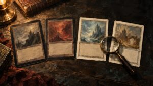 Painterly tabletop scene with four weathered fantasy trading-card-like cards, a magnifying glass, and an old book in warm, dramatic light.