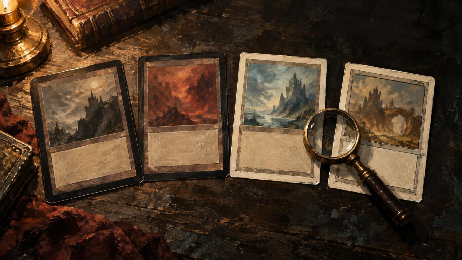 Painterly tabletop scene with four weathered fantasy trading-card-like cards, a magnifying glass, and an old book in warm, dramatic light.