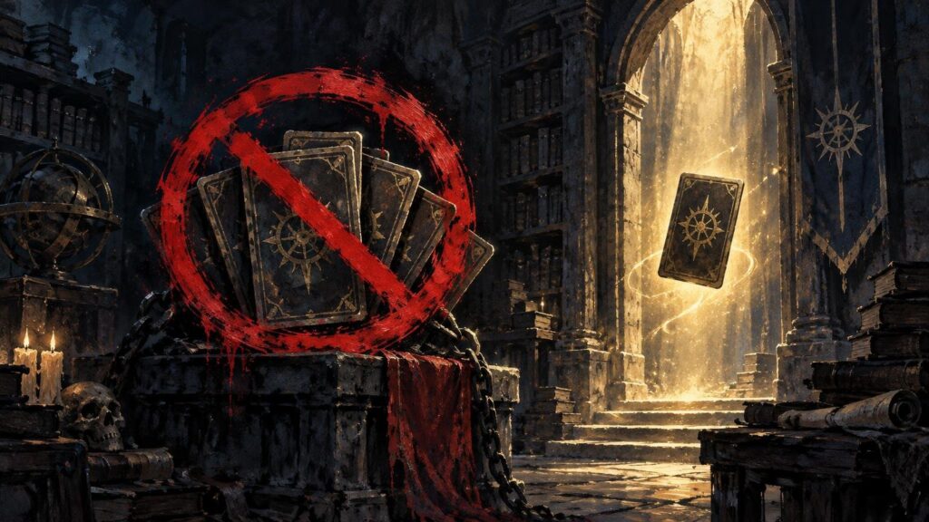 Dark painterly fantasy library with a stack of ornate cards crossed out by a large red prohibition mark, while a single glowing card floats in a sunlit archway.