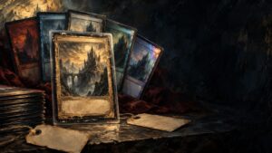 Painterly dark still life of several worn fantasy trading cards fanned behind a prominent gold-bordered castle card, with a stack of cards and blank price tags on a wooden table.