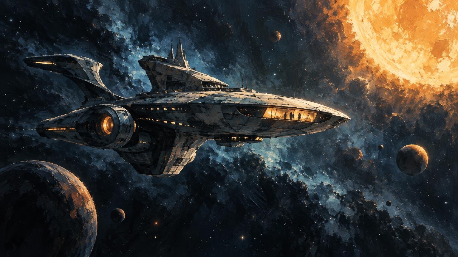 Painterly scene of a large gray spacecraft flying through a blue-black nebula, framed by rocky planets and a bright orange sun.