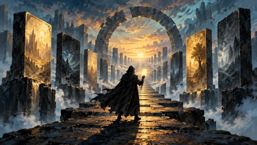 Painterly fantasy scene of a hooded figure holding a glowing rectangular card on a stone pathway beneath a vast circular arch, surrounded by tall card-like monoliths and ruined spires at sunset.