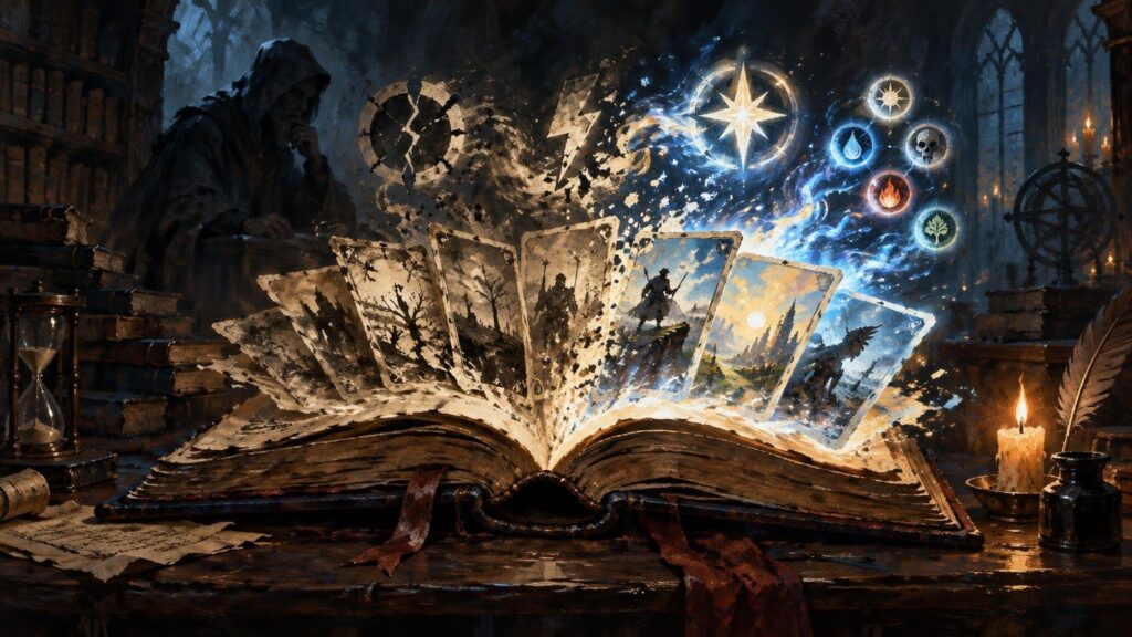 Painterly fantasy scene of an open, weathered book releasing a fan of illustrated cards and a swirl of blue magic, with glowing elemental symbols, candles, and an hourglass in a shadowy library.