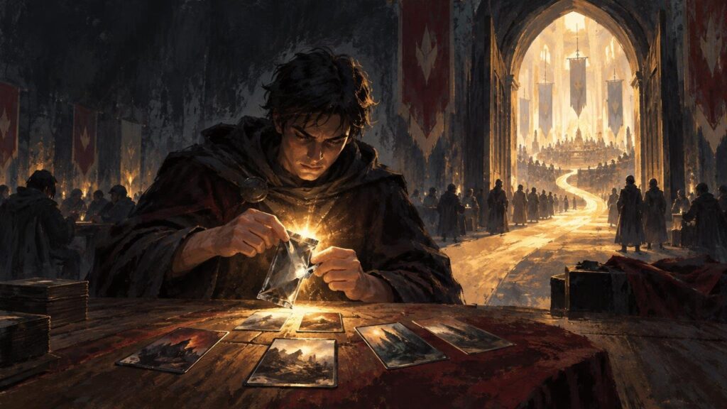 Painterly fantasy scene of a cloaked player opening a glowing foil pack over a table scattered with illustrated cards, with a crowded banner-lined hall behind them.