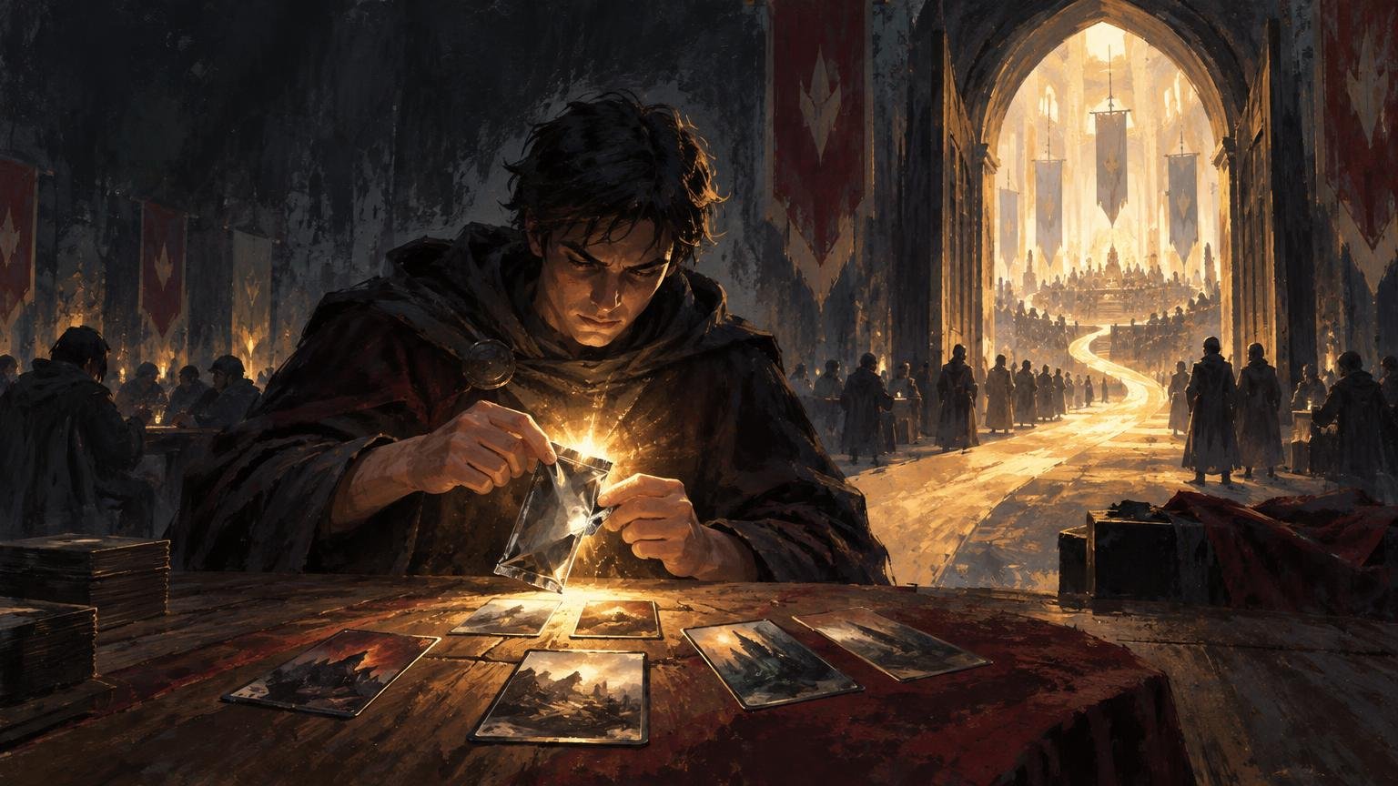 Painterly fantasy scene of a cloaked player opening a glowing foil pack over a table scattered with illustrated cards, with a crowded banner-lined hall behind them.