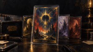 Fantasy-style numbered card in a clear protective case, marked “137/500,” standing among other sleeved cards on a dark table.