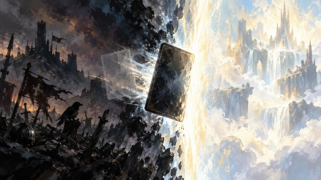 Painterly fantasy scene of two dark, blank card-shaped objects drifting through a bright rift between a ruined shadowy battlefield and a luminous floating city above waterfalls.
