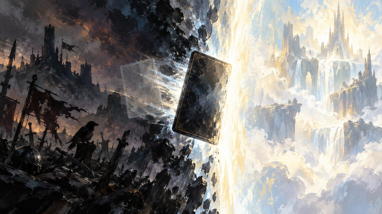 Painterly fantasy scene of two dark, blank card-shaped objects drifting through a bright rift between a ruined shadowy battlefield and a luminous floating city above waterfalls.