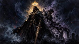 Dark, textured fantasy painting of two cloaked, long-haired warriors standing back to back amid swirling blue-gray smoke; the foreground figure holds a sword beneath a glowing gold crown, with ruined arches behind them.