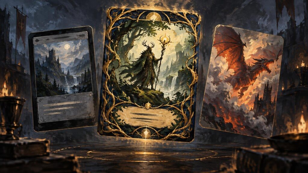 Painterly fantasy scene showing three oversized card-like panels in a dark torchlit hall: a forest mage in an ornate vine frame at center, a mountain landscape on the left, and a flying red dragon on the right.