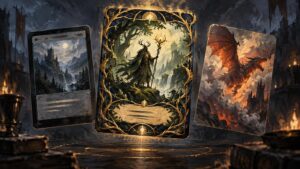 Painterly fantasy scene showing three oversized card-like panels in a dark torchlit hall: a forest mage in an ornate vine frame at center, a mountain landscape on the left, and a flying red dragon on the right.