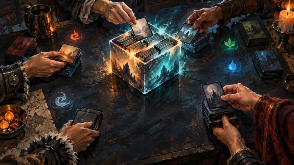 Painterly overhead scene of several people drafting fantasy-themed cards around a glowing box filled with card stacks, with candles, a mug, and colored elemental-like symbols on the table.
