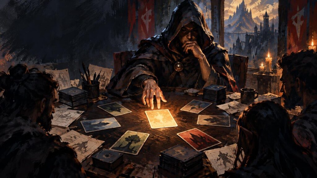 Dark, painterly fantasy scene of a hooded figure and several players gathered around a candlelit table covered with illustrated cards, decks, papers, and drawing tools, with a castle visible through the background window.