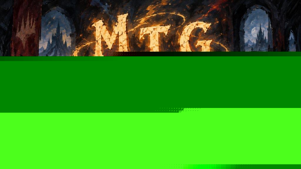 Dark, painterly fantasy scene of five people seated around a card-covered table beneath large glowing letters reading “MTG,” with swirling golden magical light, arched windows, and a distant castle.