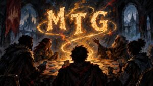 Dark, painterly fantasy scene of five people seated around a card-covered table beneath large glowing letters reading “MTG,” with swirling golden magical light, arched windows, and a distant castle.
